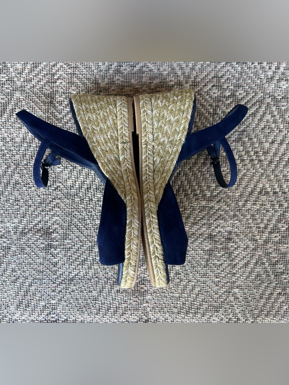 Stuart Weitzman Espadrille Wedge Sandals Navy Blue Slingback Peep Toe 9.5B New - Picture 4 of 7